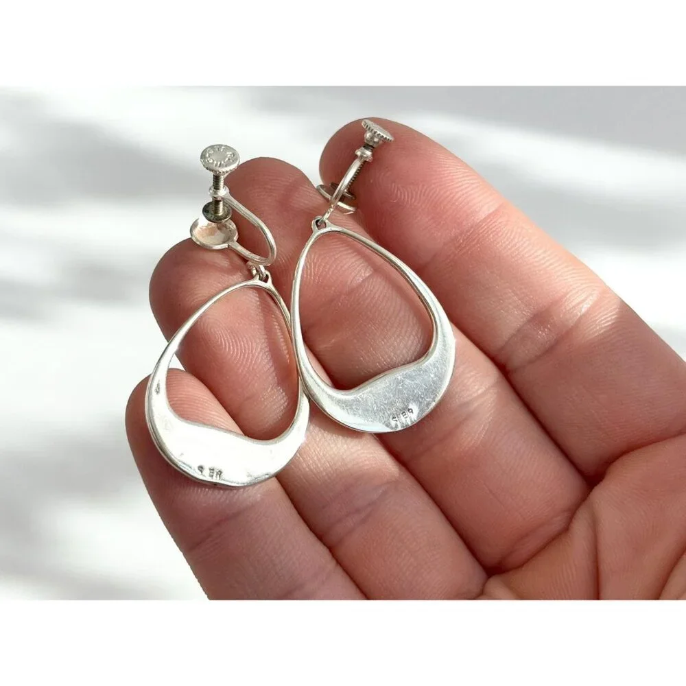 Teardrop Hoop Turquoise Screw Back SW Vintage Sterling Silver 925 Earrings